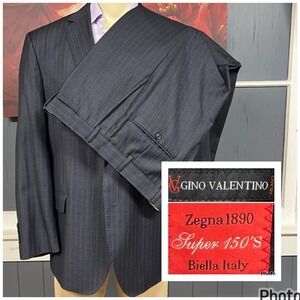 Vintage Gino Valentino Suit Mens 46R Wool Silk Pants 40x30 Gray/Blue Striped
